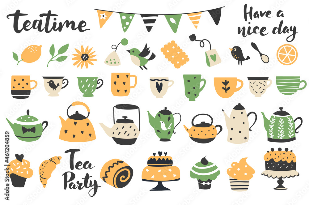 Lemon tea element set: cups, teapots, sweets, and calligraphy quotes. Perfect for scrapbooking, greeting card, party invitation, poster, tag, sticker kit. Hand drawn vector illustration. Lemon tea element set: cups, teapots, sweets, and calligraphy quotes. Perfect for scrapbooking, greeting card, party invitation, poster, tag, sticker kit. Hand drawn vector illustration.