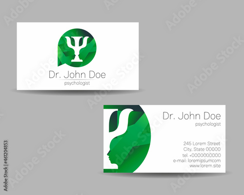 Fototapeta Naklejka Na Ścianę i Meble -  Psychology Vector Business Visit Card with Letter Psi Psy in Green Color. Modern logo Creative style. Human Head Profile Silhouette Design concept. Branding company