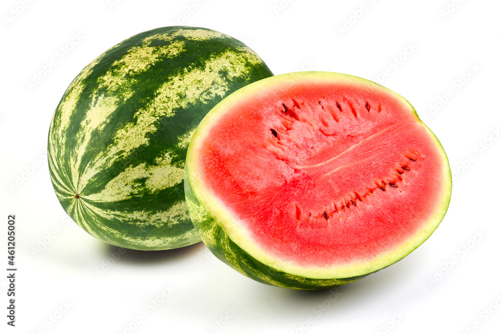 Juicy watermelon with slice, isolated on white background.