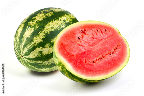 Juicy watermelon with slice, isolated on white background.