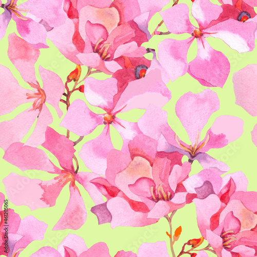 Pink tropical flowers branches watercolor on colorful background seamless pattern for all prints.