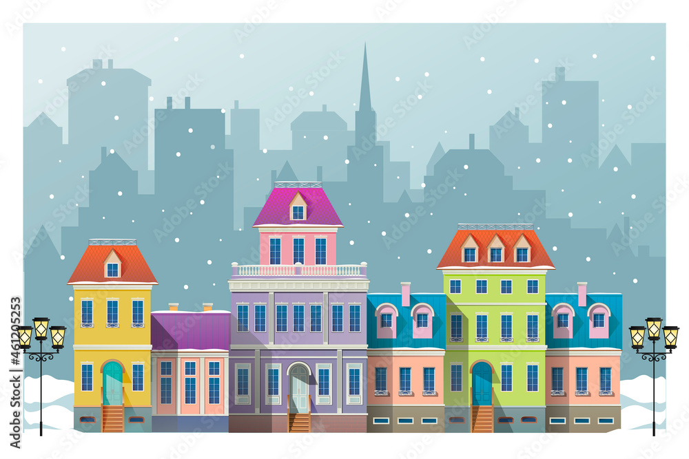 Christmas winter cityscape with beautiful buildings and streetlights. Vector illustration.