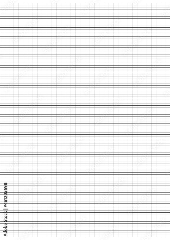 Graph paper. Printable grid paper with stave on a white background. A blank music sheet paper with staff. Geometric pattern for composition, education, school. Realistic lined paper blank size A4 Graph paper. Printable grid paper with stave on a white background. A blank music sheet paper with staff. Geometric pattern for composition, education, school. Realistic lined paper blank size A4