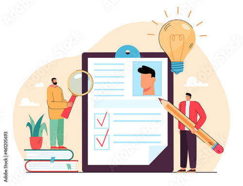 Cartoon character filling in form in survey or checklist. Man writing test, signing business or medical document flat vector illustration. Research, insurance, agreement, paperwork, health concept