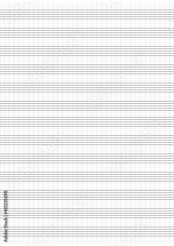 Graph paper. Printable grid paper with stave on a white background. A blank music sheet paper with staff. Geometric pattern for composition, education, school. Realistic lined paper blank size A4