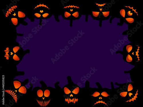 Halloween frame with scary pumpkins. Border with pumpkin lantern. Design a template for invitations, leaflets and greeting cards. Vector illustration