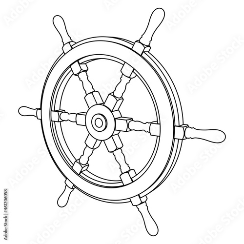 Ship steering wheel. 3D perspective. Vector thin line