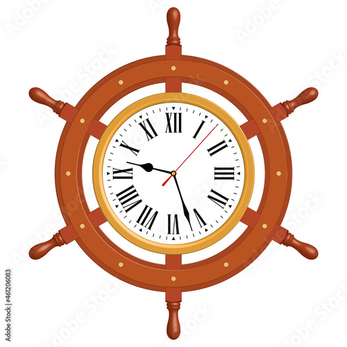 Ship wheel wall clock. 3D effect vector