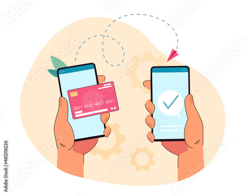 Hand holding phone with digital wallet service and sending money. Payment transaction or transfer through mobile app flat vector illustration. Online banking, finances concept for banner
