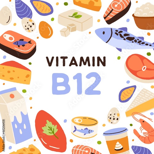 Vitamin B12 card with healthy food frame. Natural nutritious dairy products, milk and fish enriched with B 12 vitamine, cobalamin. Organic nutrition. Colorful flat vector illustration with nutrients