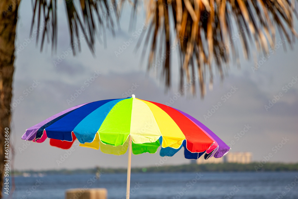 Colorful Umbrella on the beach between the palms.
