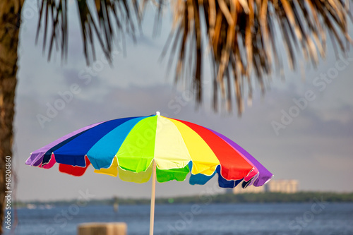 Colorful Umbrella on the beach between the palms. © jovannig