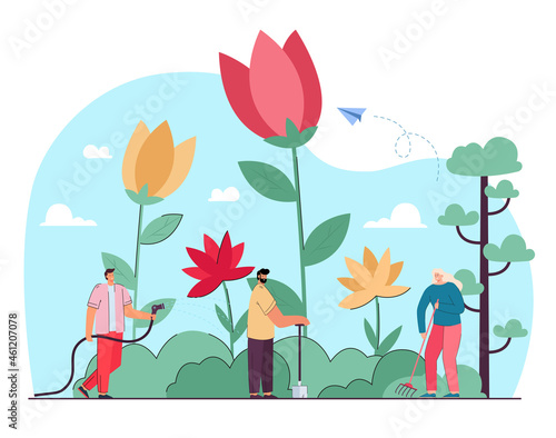 Tiny cartoon people working in garden together. Red and yellow spring flowers on simple blue background flat vector illustration. Nature, springtime, gardening concept for banner or landing web page