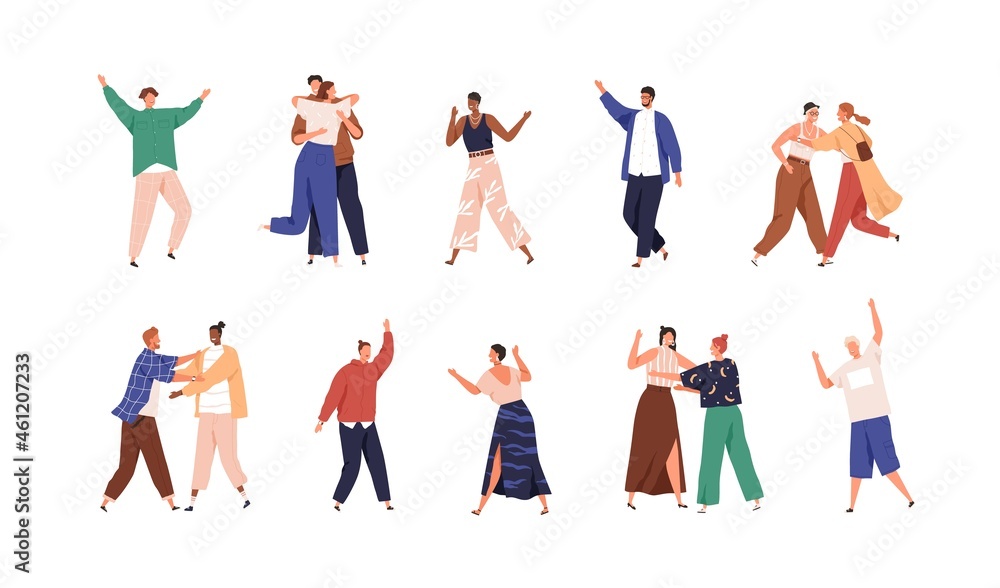 Happy people meeting others with joy. Set of positive men and women friends welcoming, hugging and greeting with hand gesture. Reunion concept. Flat vector illustration isolated on white background
