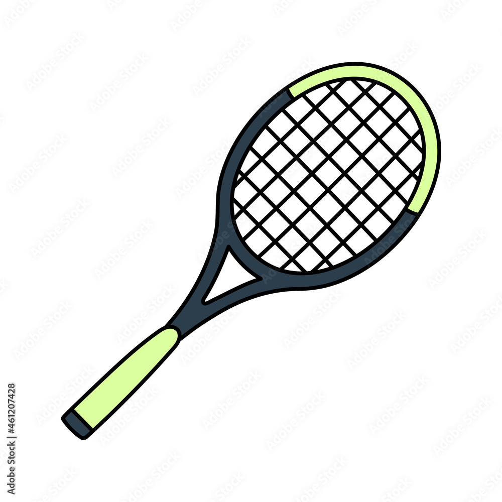 Tennis racquet. Badminton. Sport equipment sketch. Hand drawn doodle icon. Vector color freehand fitness illustration