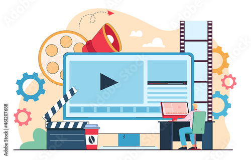 Male cartoon character publishing multimedia content in studio. Business person working on visual effects in media editor flat vector illustration. Video production concept for banner, website design