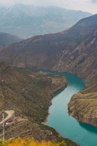 view of the mountain canyon and the river with blue water, nature view