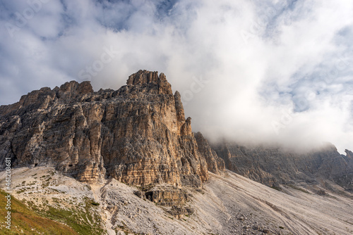 Mountain peaks of the Sesto Dolomites. South rock face of three peaks of Lavaredo (Drei Zinnen or Tre Cime di Lavaredo), UNESCO world heritage site, Trentino-Alto Adige and Veneto, Italy, Europe.