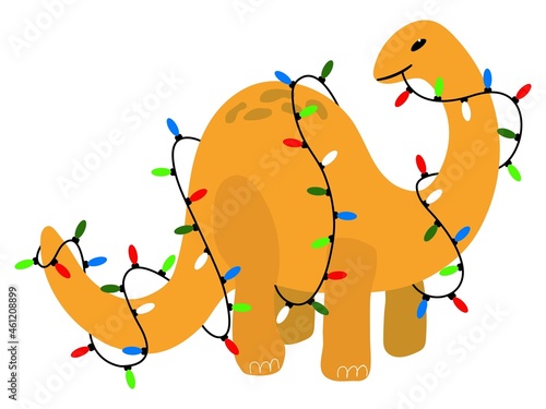 Cute Christmas dinosaur with a garland. Hand-drawn style. White background, isolate. Vector illustration.