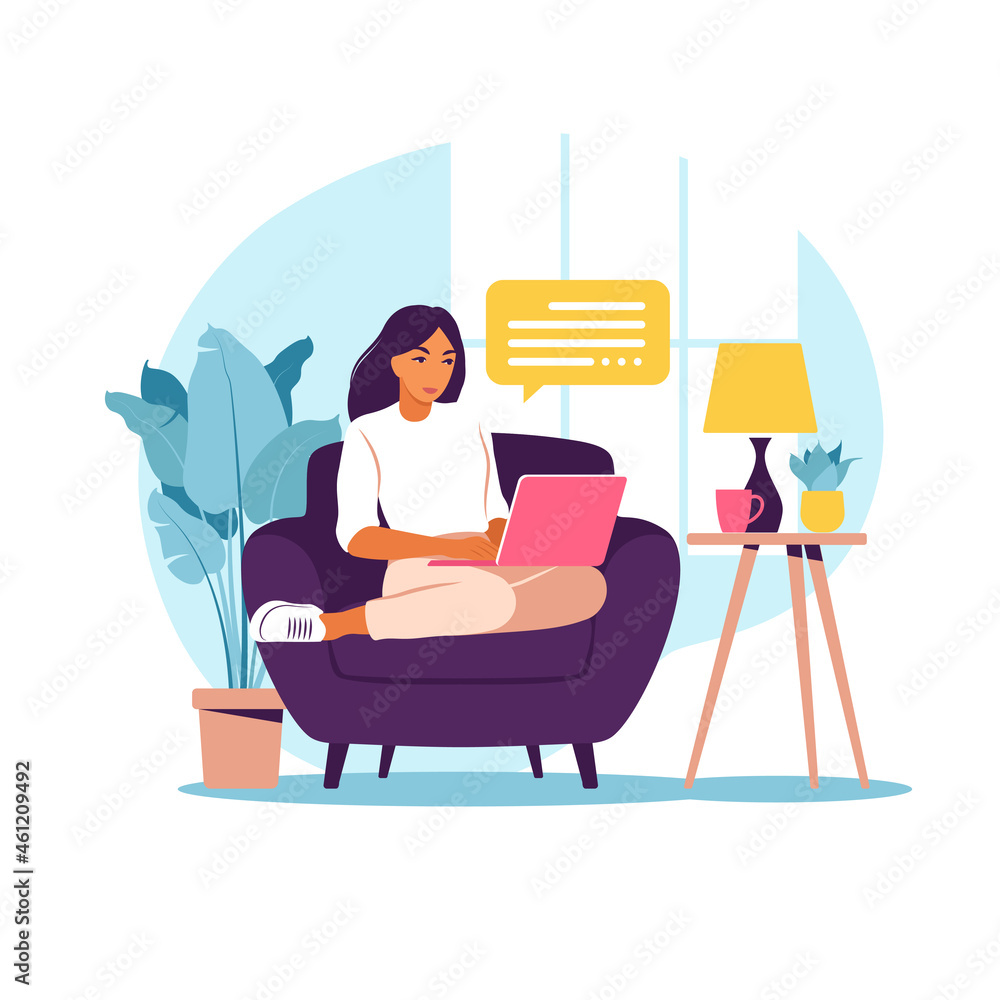 Woman sitting on sofa with laptop. Working on a computer. Freelance, online education or social media concept. Working from home, remote job. Flat style. illustration.