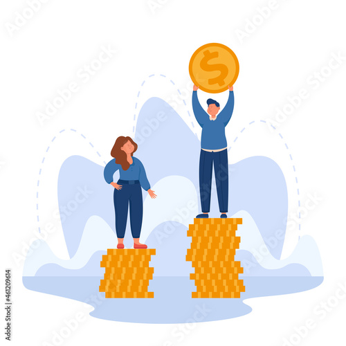 Man and woman standing on different stacks of gold coins. Salary gap between male and female employee characters flat vector illustration. Financial gender discrimination, sexism in employment concept
