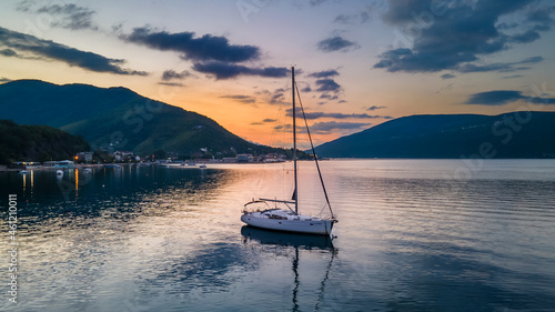 Yacht in the bay at sunrise in Montenegro