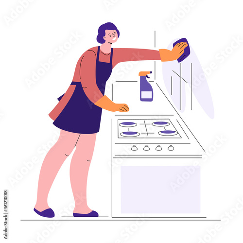 Cleaning kitchen. Young woman washes wall near stove.Vector illustration in flat style. © Екатерина Бондарук