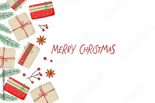 Merry Christmas card with gift boxes and spruce twigs, red berry, anise border and handwritten lettering. Christmas decorative frame of festive elements. Top view on white. Flat vector isolated.