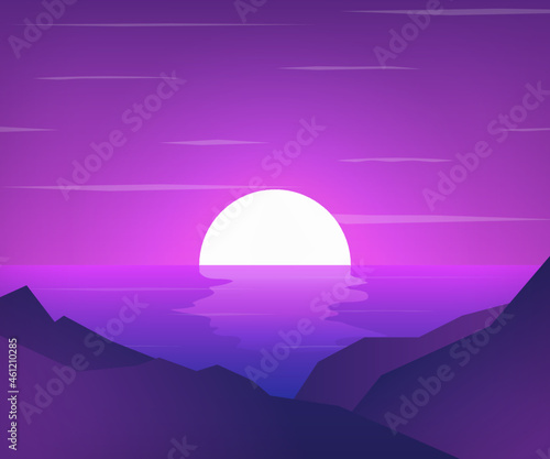 Nature landscape. Art landscape banner design. Summer, sunlight, nature, sky. Colorful scenery. Vector illustration. Sunset light. Flat style. Violet backdrop.