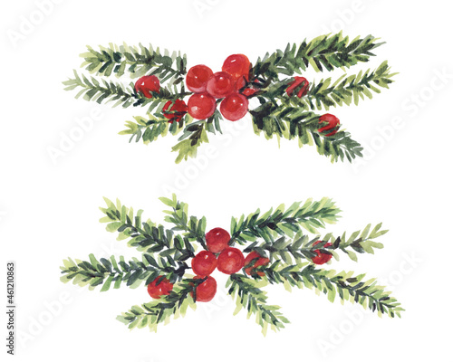 Red berries arrangement with pine needle leaves, hand painted watercolor painting on isolated white background, set of 2