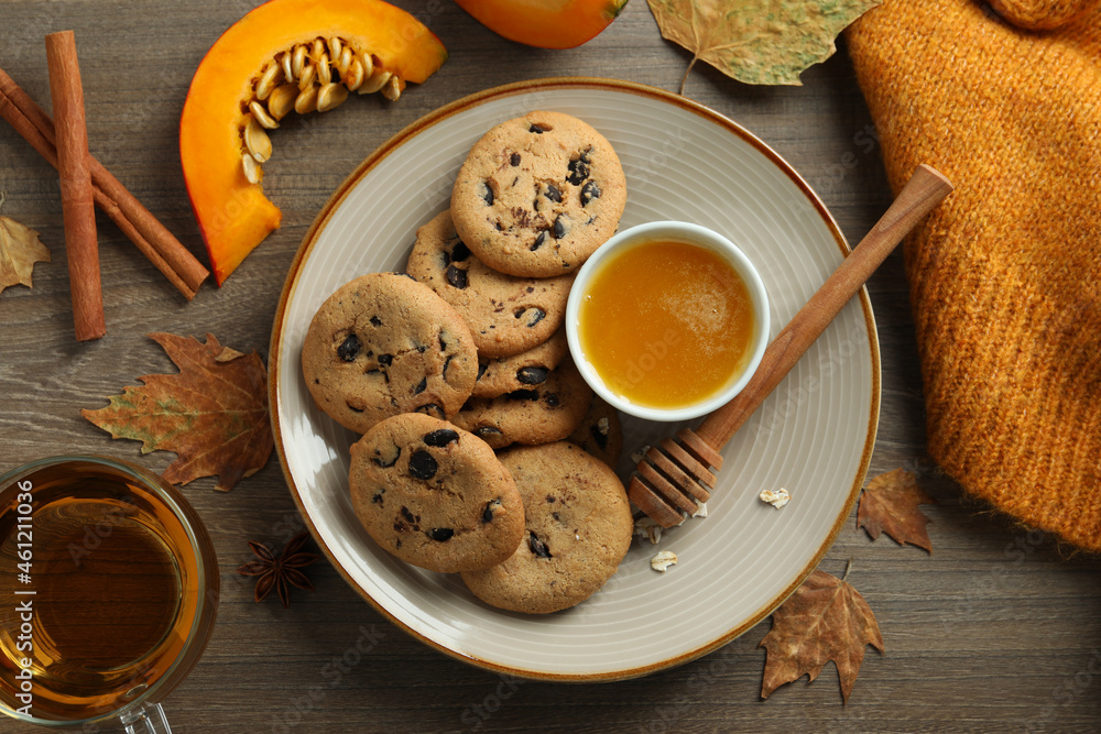 Fototapeta premium Concept of tasty food with pumpkin cookies, top view