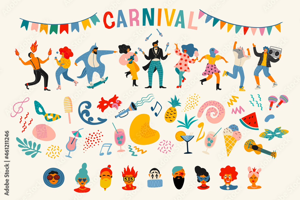 Carnival. Vector set. People in carnival costumes, faces, masks, symbols, abstract forms - obrazy, fototapety, plakaty 