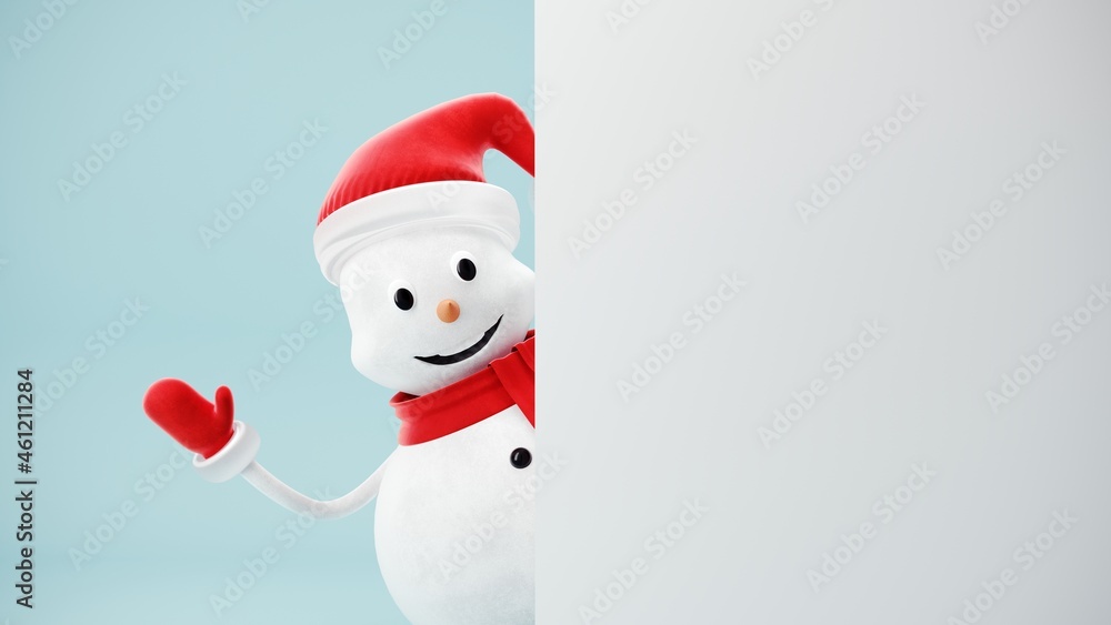 Cute Snowman in Santa Claus hat on light pastel background - 3D, render. Christmas and New Year symbol with gifts and candy. Greeting card, banner, template with copy space.
Cute Snowman in Santa Claus hat on light pastel background - 3D, render. Christmas and New Year symbol with gifts and candy. Greeting card, banner, template with copy space.