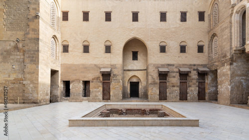 Facade of main courtyard of Mamluk era public historic mosque of Sultan Qalawun, Moez Street, Gamalia District, Cairo, Egypt photo