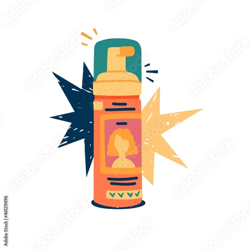 Illustration of cosmetics for curly hair. Curly girl method. Styling packaging for kinky hair. Foam bottle for curly hair care. Doodle style. Vector