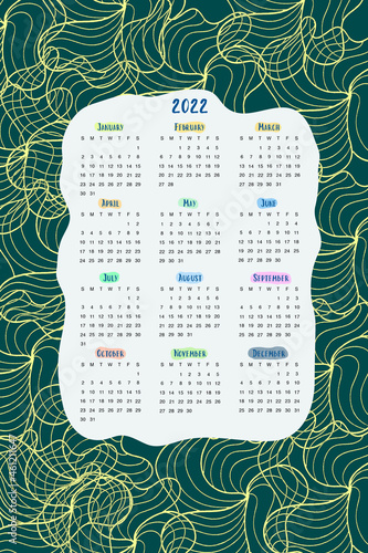 Calendar 2022. Abstract dark green background and line art flowers.