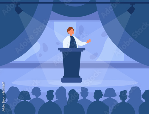 Doctor speaking from podium on stage at conference. Male scientist announcing innovations in science and medicine in front of audience flat vector illustration. Medical seminar, meeting concept