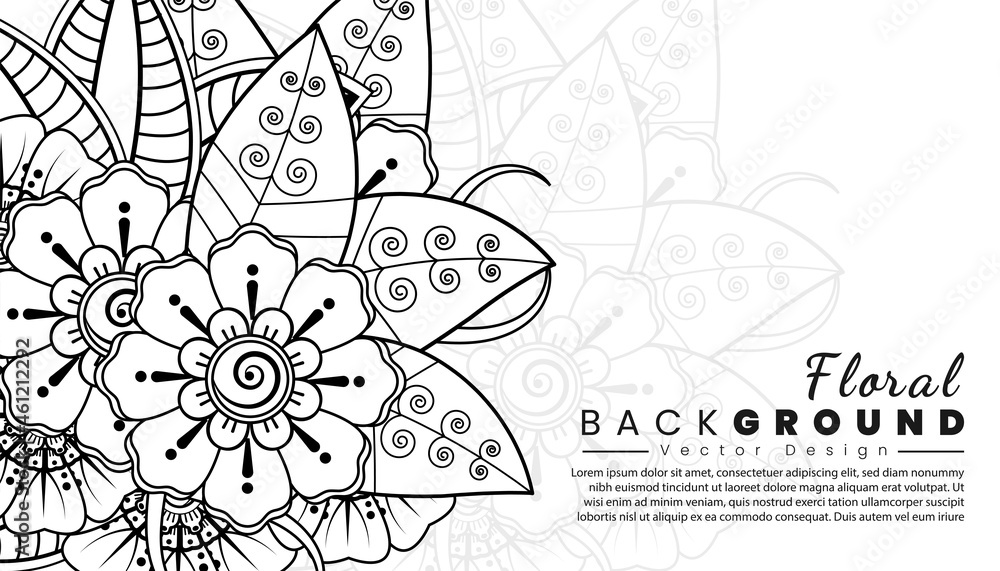Background with mehndi flowers. Black lines on white background. Banner or card template. Background with mehndi flowers. Black lines on white background. Banner or card template.