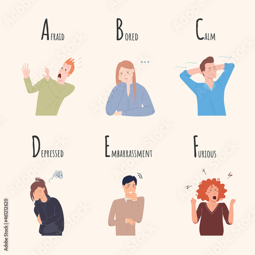 Alphabet of Emotions. Set of characters who are afraid, bored, calm, depressed, embarrassed, furious. Vector collection