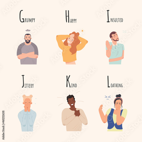 Alphabet of Emotions. Set of characters who are grumpy, happy, insulted, jittery, kind, loathing. Vector collection