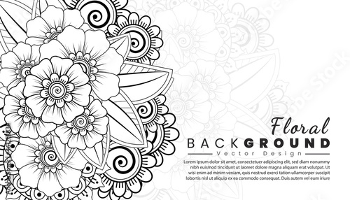 Background with mehndi flowers. Black lines on white background. Banner or card template.