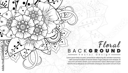 Wallpaper Mural Background with mehndi flowers. Black lines on white background. Banner or card template. Torontodigital.ca