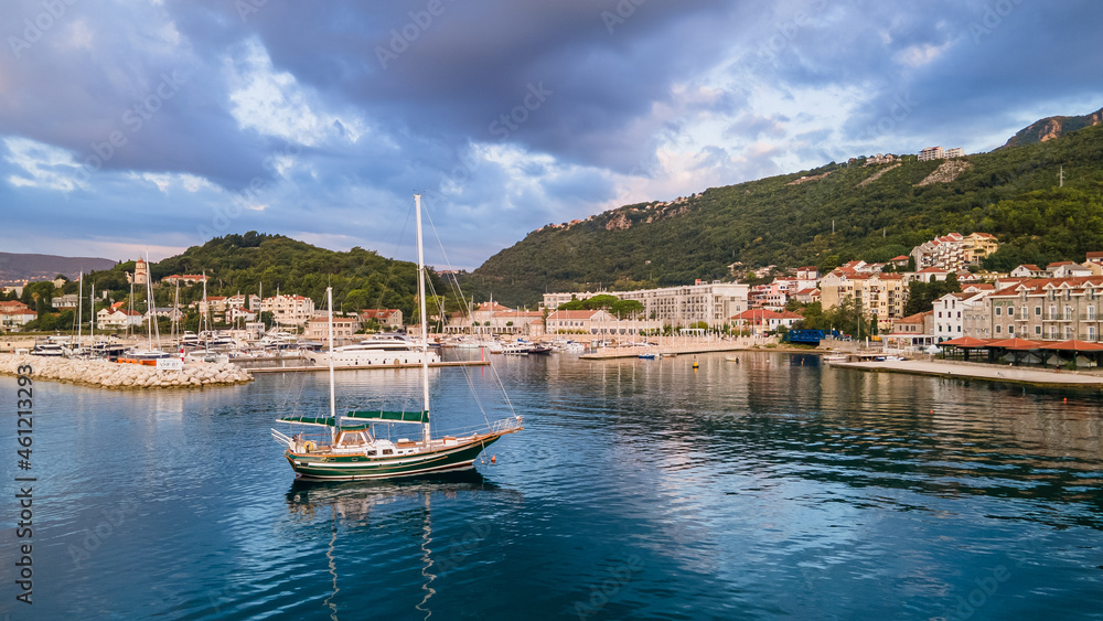 Yacht in the marina of Boka-Kotor Bay in Montenegro
