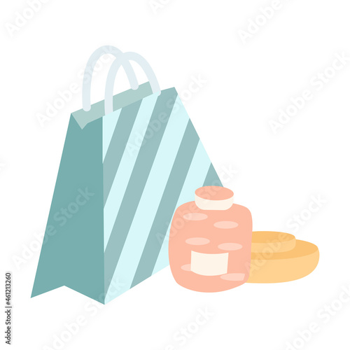 A shopping basket with tubes and vials of cosmetics for beauty and care. A flat style vector illustration.