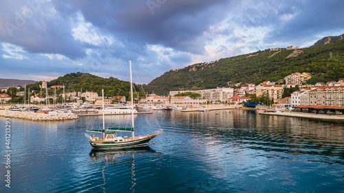 Yacht in the marina of Boka-Kotor Bay in Montenegro