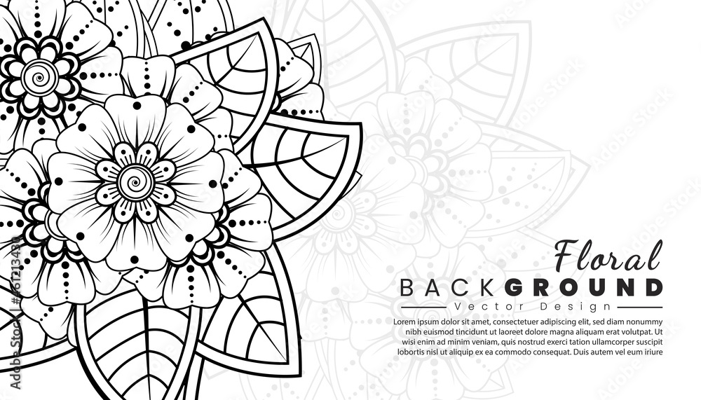 Background with mehndi flowers. Black lines on white background. Banner or card template. Background with mehndi flowers. Black lines on white background. Banner or card template.