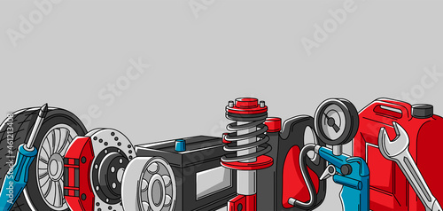 Car service illustration. Auto center repair concept for advertising with transport items.
