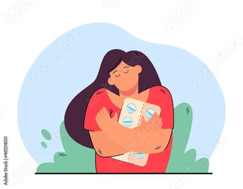 Smiling girl holding hugging pills packaging. Happy woman feeling optimistic taking antidepressant tablets medicines. Flat vector illustration. Healthcare, stress free concept.