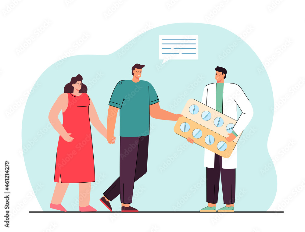 Doctor giving pills to happy couple patients. Smiling male medical specialist prescribing tablets medications to man and woman clients. Future parents. Family consultation. Flat vector illustration.
