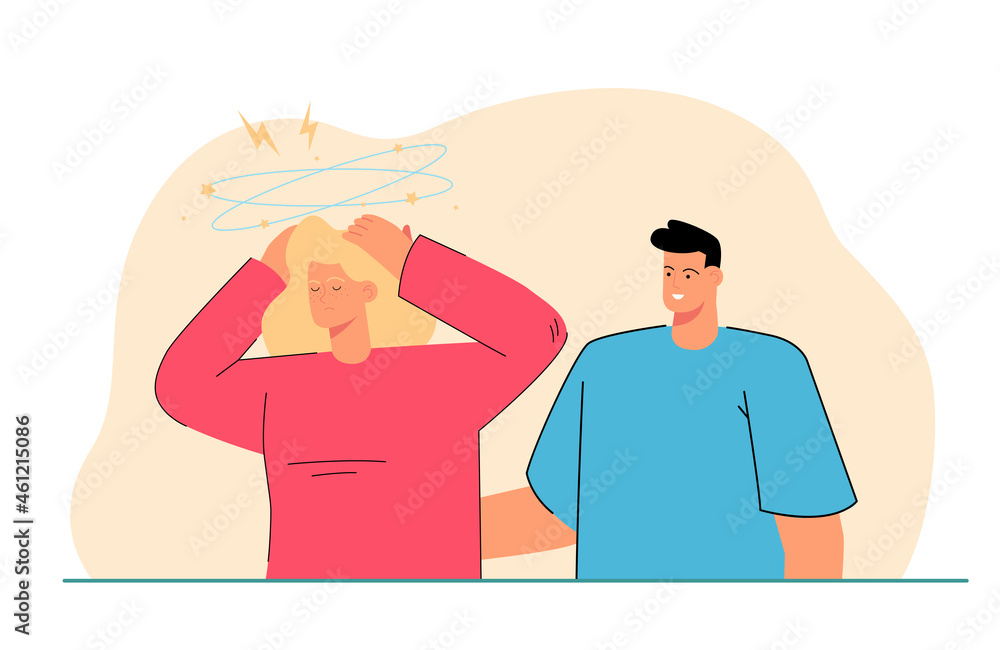 Unhappy young woman stressed by man talking. Mad furious angry female distressed annoyed communicating with male. Flat vector illustration. Relationship problem concept.